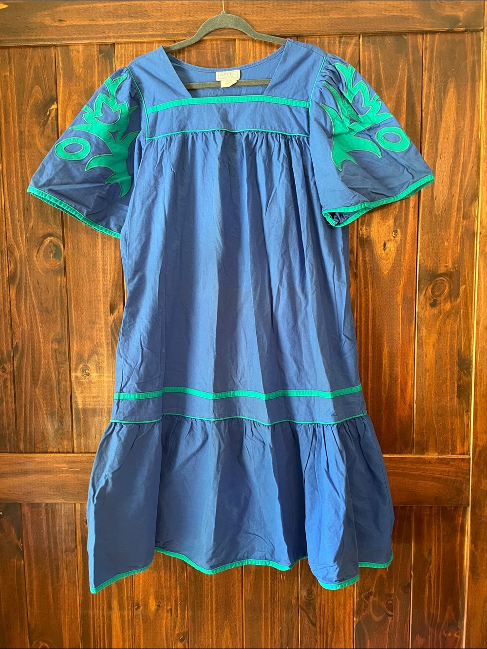 Appel Vintage Blue Midi Patio House Dress Mumu with Green Patchwork Sleeves